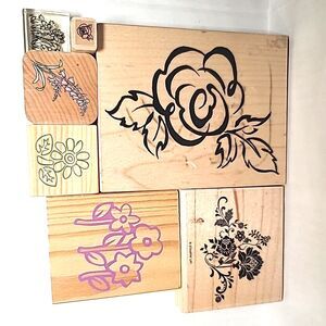 Vintage Lot of 7 Wooden Rubber Stamps  Floral Rose Stamping Scrapbooking